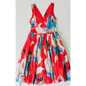 Summer Dress, Vibrant Red Floral & Leaf Print, Size Small